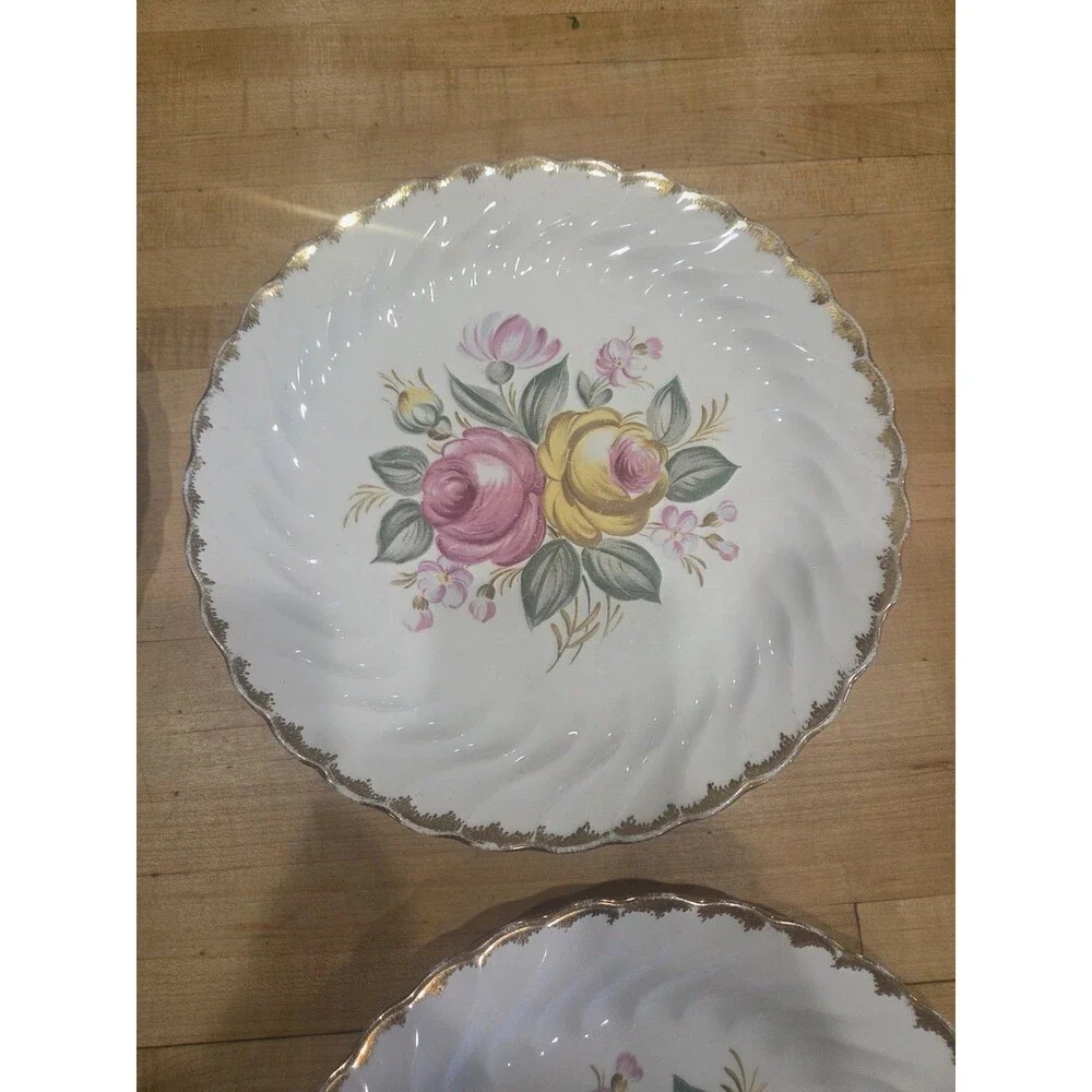 Vintage Royal Swirl Fine China Pink Yellow Rose Dinner Plates Set 4 Handled
